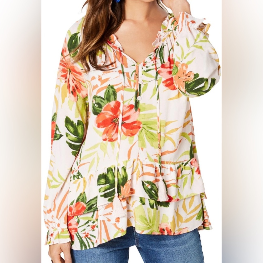 Style & Co. Floral Button-Front Blouse in Pink, Coral & Green